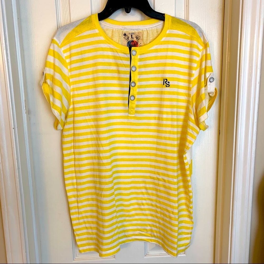 Mens Large Yellow White Striped Ringspun Henley Buttoned Biceps New with Flaws